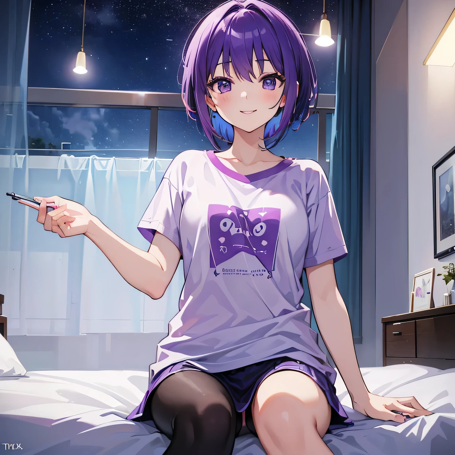 (T Masterpiece，4k wallpaper，Best Quality))、((girl１people))、(solo)、Bright and Brilliant，(Purple Hair)、(short hair:1.3)、smile、Bedroom、T-Shirts、night