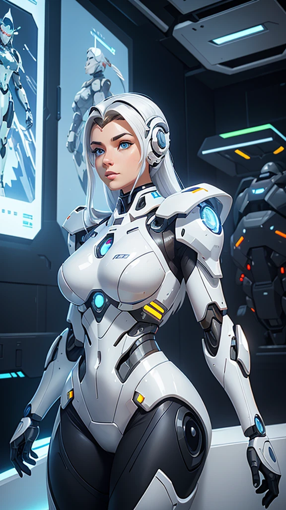 Arafed Woman in a futuristic suit posing for a photo, in white futuristic armor, girl in mecha cyber armor, Unreal Engine Rendering + a goddess, Porcelain cyborg armor, shiny white armor, gynoid cyborg body, Beautiful and attractive female cyborg, Different cybersuits, Beautiful female cyborg, beautiful white cyborg girl, With futuristic armor, Perfect female cyborg