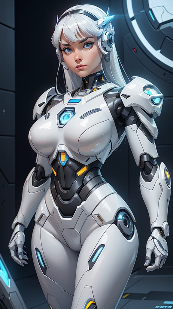 Arafed Woman in a futuristic suit posing for a photo, in white futuristic armor, girl in mecha cyber armor, Unreal Engine Rendering + a goddess, Porcelain cyborg armor, shiny white armor, gynoid cyborg body, Beautiful and attractive female cyborg, Different cybersuits, Beautiful female cyborg, beautiful white cyborg girl, With futuristic armor, Perfect female cyborg