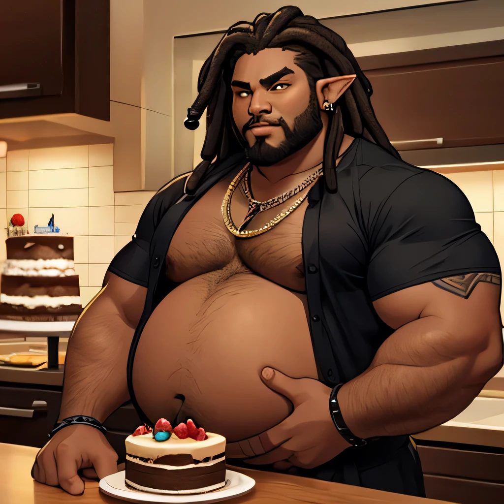 modern Middle-aged men Large overweight, brown skin, dark brown skin, dark skin, dreadlocks, black dreadlocks, yellow eyes, fat, beer-belly, handsome, attractive, goth outfit, jewelry, rings, necklaces, face piercings, goth, muscularly arms, dessert background, hot guy, attractive body, good looking, beard, food background, food behind him, kitchen backgroun, cake batter on counter, baker, elf ears, pointy ears, elf, giant belly, giant stomach, huge stomach, oversized stomach, fat stomach, stomach stuffed to max, stomach fat, hands on stomach, overweight stomach, fat stomach, pudgy stomach, giant belly, overweight belly, belly stuffed with food, huge belly