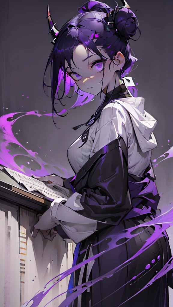 boy. thoughtful look. open forehead. black and purple hair tied in a bun on the left side to one side. sinuous black horns wrapped in dark purple ribbon. pale violet eyes. in short dark purple shorts. long white T-shirt. dark purple knee-high socks. dark_purple long coat with hood. древние dark_purple stone walls purple light from a candle on an old white piano