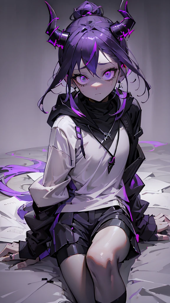 boy. thoughtful look. open forehead. black and purple hair tied in a bun on the left side to one side. sinuous black horns wrapped in dark purple ribbon. pale violet eyes. in short dark purple shorts. long white T-shirt. dark purple knee-high socks. dark_purple long coat with hood. древние dark_purple stone walls purple light from a candle on an old white piano