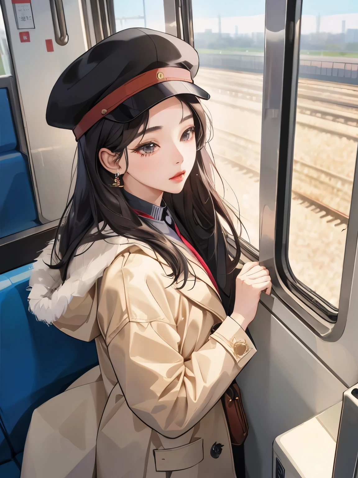 Korean performer girl, (24 years old), in the train, noon, coat, cap, attractive expression, (from above angle), (masterpiece, best quality, extremely detailed, hyper realistic)