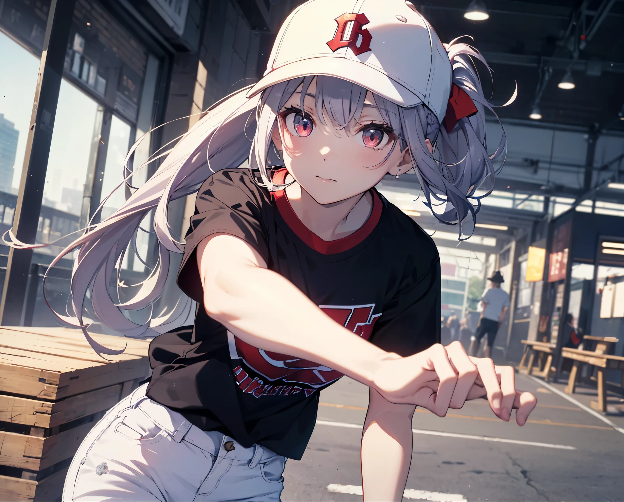 (Close-up:1.3),Realistic,Highest quality, Super detailed, High-quality CG rendering, The most delicate and beautiful, Floating softly, High resolution, (1 girl), (Highest quality,4K,8K,masterpiece:1.2), Light purple hair,(Very long ponytail:1.5),Red eyes,(Pure white oversized short sleeve T-shirt:1.3),(Black skinny jeans:1.3),(Pure white baseball cap:1.3),In the city,old buildings