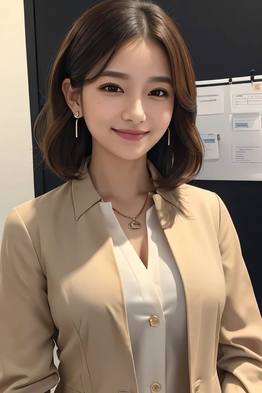 Intricate details, 、ear piercing、Looking into the camera、、smile、Beautiful teeth alignment、Brown Hair、Wavy Hair、Short Haircut、 Clear beauty, (High quality fabric, Office Lady Suits） 、Jacket、Unbuttoned shirt、Necklace around the neck、Dark eyeliner、 The background is the office

