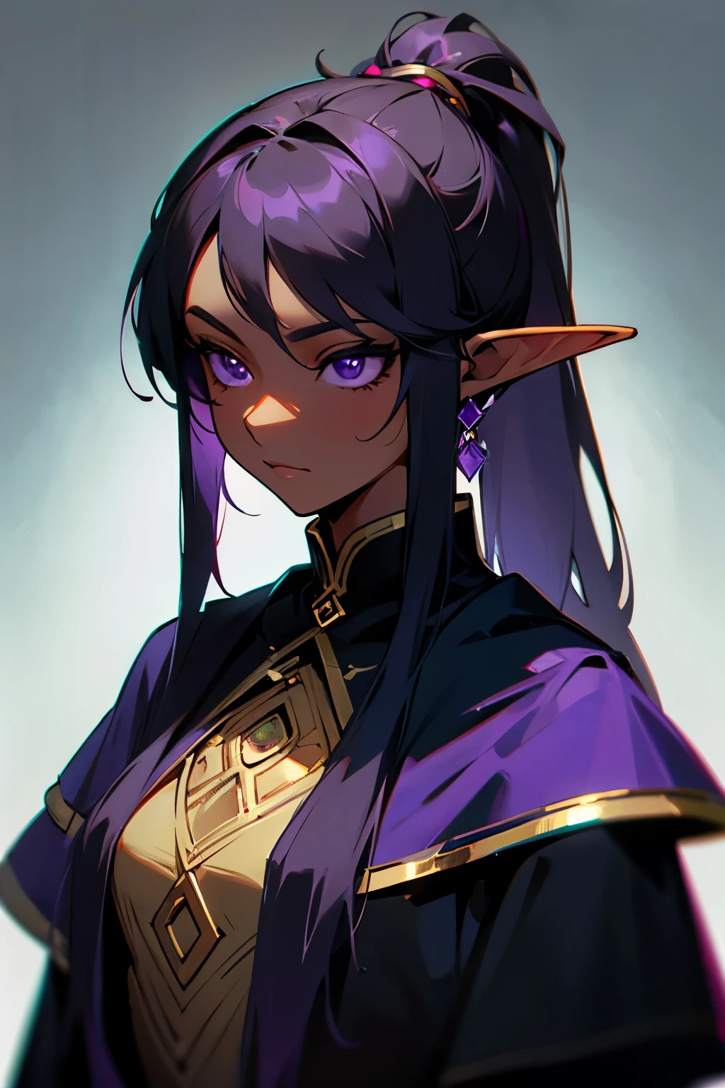 Elf, high. Dark Black long hair, Hairstyle ponytail, purple eyes, dark skin