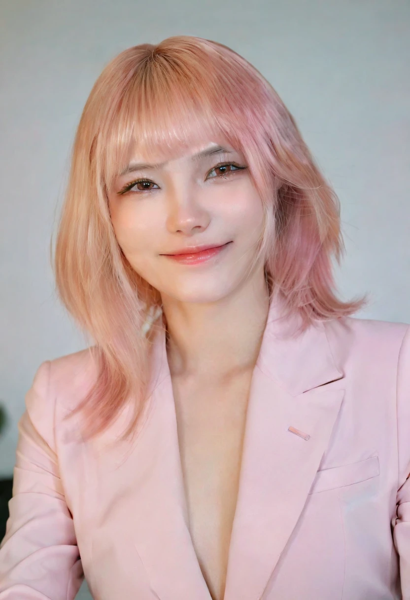 table top, highest quality, realistic, Super detailed, finely, High resolution, 8k wallpaper, 1 beautiful woman,, light pink straight hair, wearing a business suit, sharp focus, perfect dynamic composition, beautiful and detailed eyes, thin hair, Detailed realistic skin texture, smile, close-up portrait, model body shape