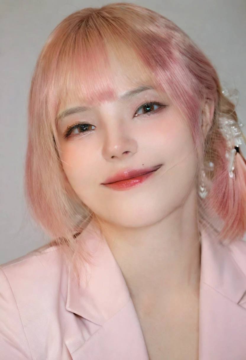 table top, highest quality, realistic, Super detailed, finely, High resolution, 8k wallpaper, 1 beautiful woman,, light pink straight hair, wearing a business suit, sharp focus, perfect dynamic composition, beautiful and detailed eyes, thin hair, Detailed realistic skin texture, smile, close-up portrait, model body shape
