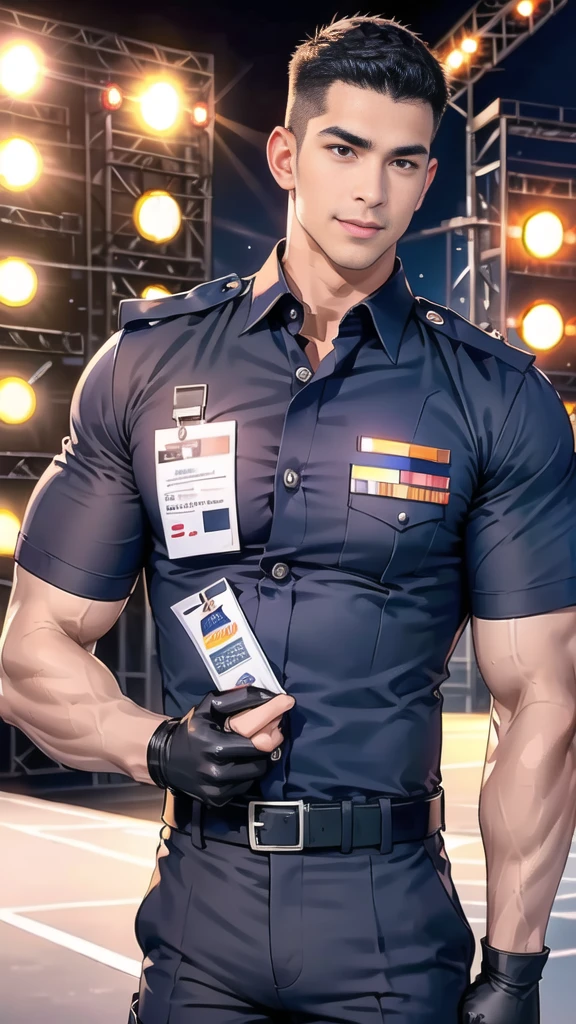 handsome man sit on the table ,(crew cut short hair:1.2),black eye,smile,open mouth
(navy police uniform:1.2),(shirt short sleeves:1.2),collar,(shirt covered over:1.2),(name tag and Police badge:1.2),(shirt no buttons:1.1),(black_gloves:1.3),
(Navy blue cargo:1.2),Korean guy,korean men,(High gloss details),(chest muscles:1.2),(large arm muscles:1.2),blood vessel,Big muscles,Broad shoulders,looking at the audience,Balancing the eyes,middle of the road,(stage:1.4),