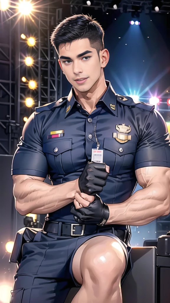 handsome man sit on the table ,(crew cut short hair:1.2),black eye,smile,open mouth
(navy police uniform:1.2),(shirt short sleeves:1.2),collar,(shirt covered over:1.2),(name tag and Police badge:1.2),(shirt no buttons:1.1),(black_gloves:1.3),
(Navy blue cargo:1.2),Korean guy,korean men,(High gloss details),(chest muscles:1.2),(large arm muscles:1.2),blood vessel,Big muscles,Broad shoulders,looking at the audience,Balancing the eyes,middle of the road,(stage:1.4),