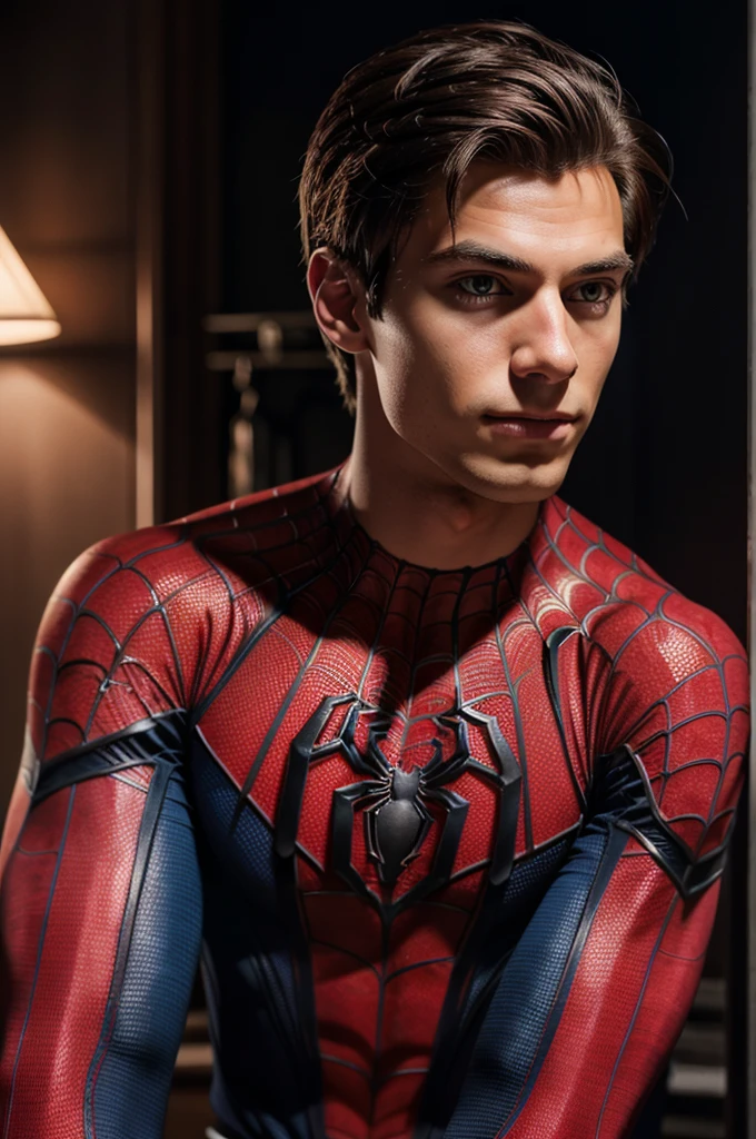 A photograph of spider man, no mask, 20 yo, handsome, detailed face, looking at camera, portrait, 8k uhd, high quality