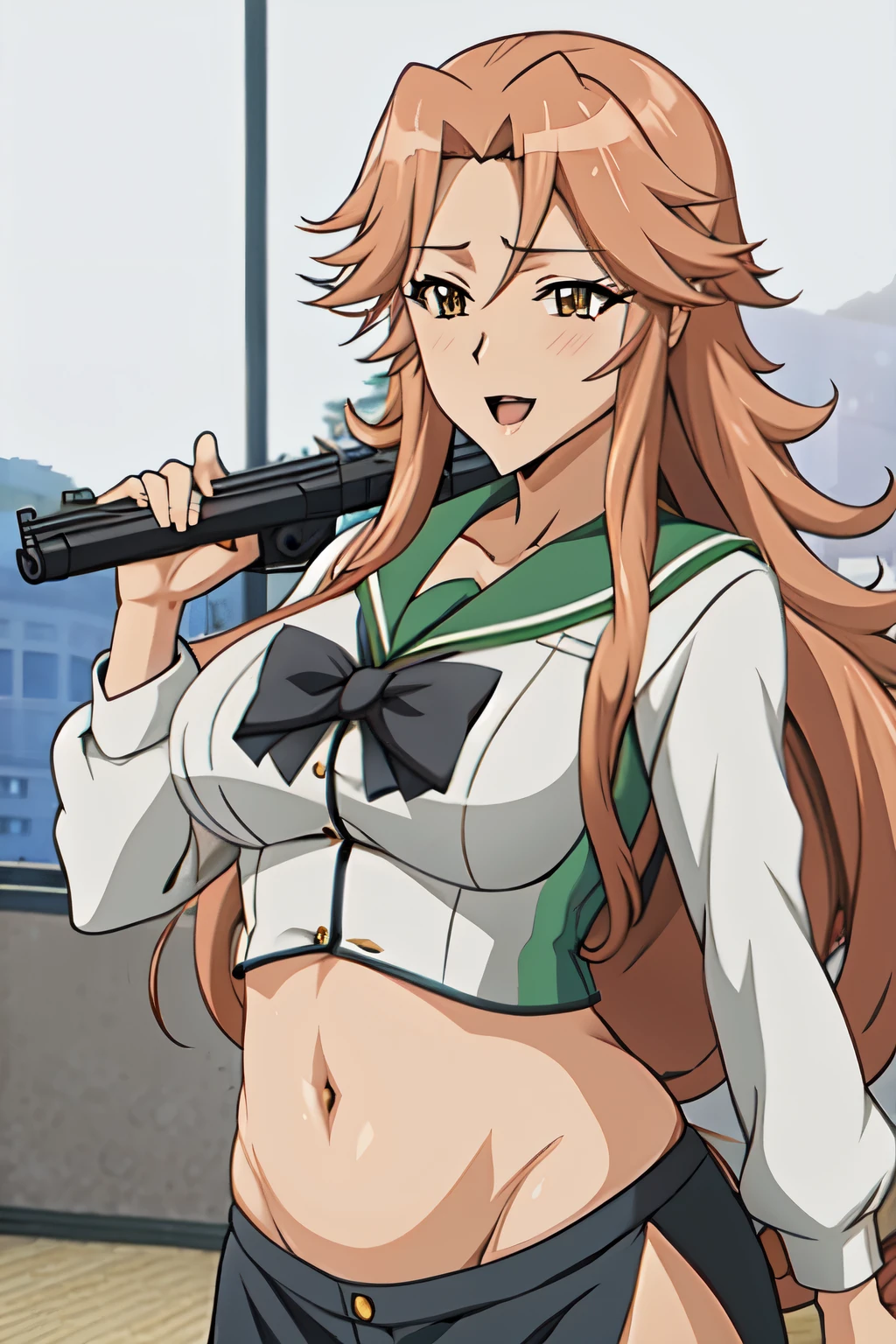 hamakawa_ayuna, 1woman solo、、おでこ、curlhair、ピンクhair、blush, lipstick, masterpiece, best quality, highly detailed, a anime girls in sailor uniforms with a gun posing for a picture,
evil smile, smile, open mouth,black_serafuku, ecchi anime style, anime girls , (nsfw) not safe for work,
ecchi style, ecchi, shipgirls, digital anime art!!, high school girls, holding a gun, hold a gun, anime style 4
k, micro skirt, exposed belly, exposed navel, exposed midriff,
exposed lower belly,school, classroom, navel piercing
