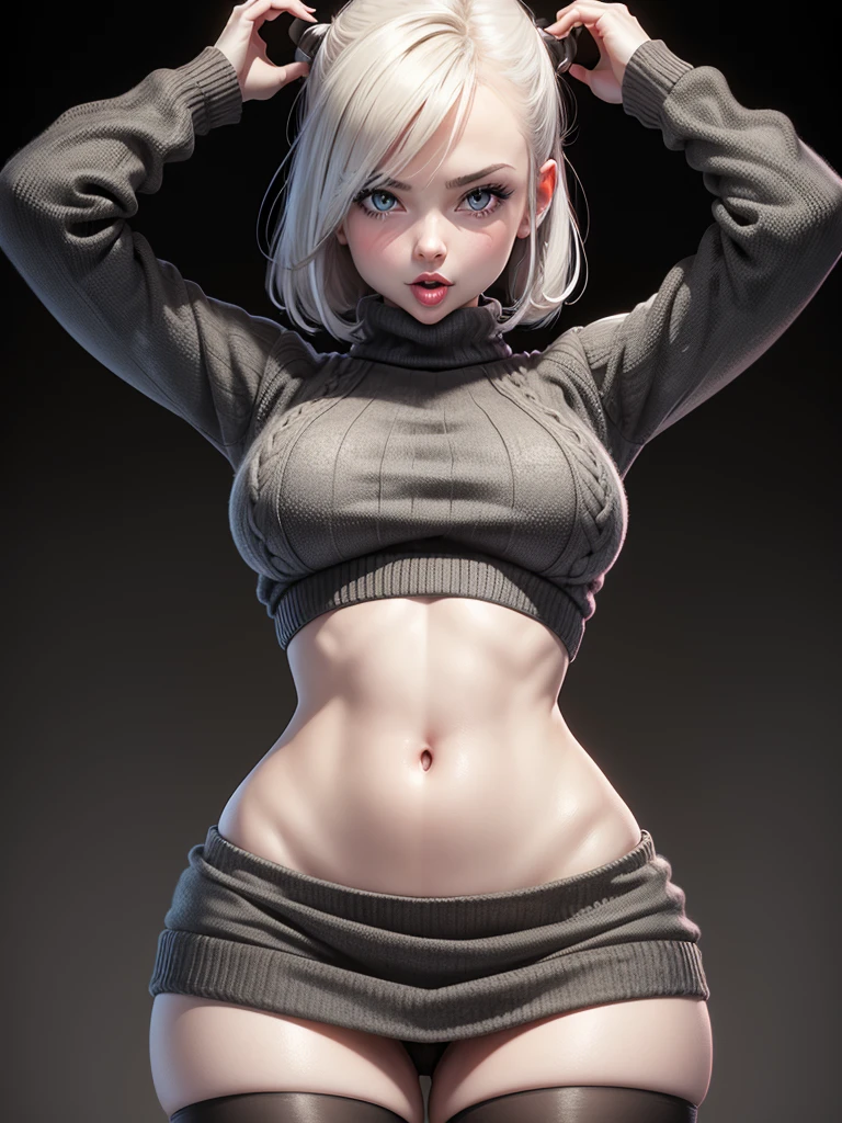Atomic hard full girl android, in a short knitted sweater,navel,in a short sexy miniskirt, licks lips, Bright eyes