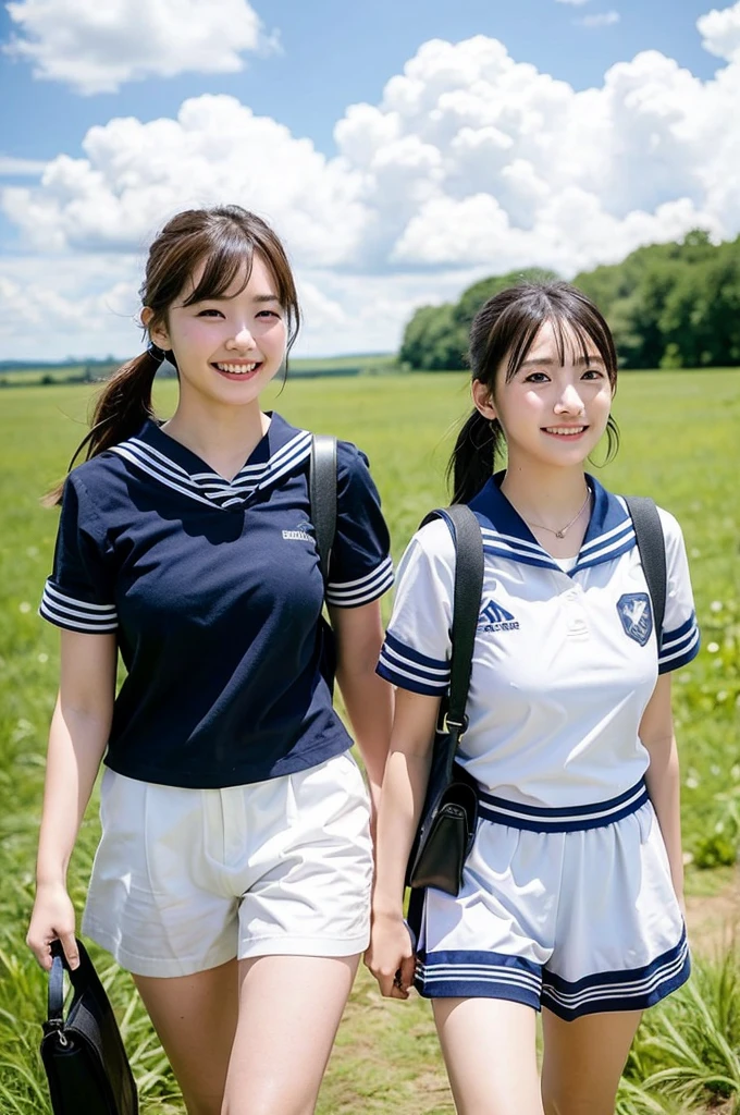 2 girls walking in rural field,cumulonimbus cloud in summer blue sky,white sailor shirt,white panties,student bag,18-year-old,bangs,a little smile,thighs,knees,wet short hair with low pigtails bunches,from beside,front light