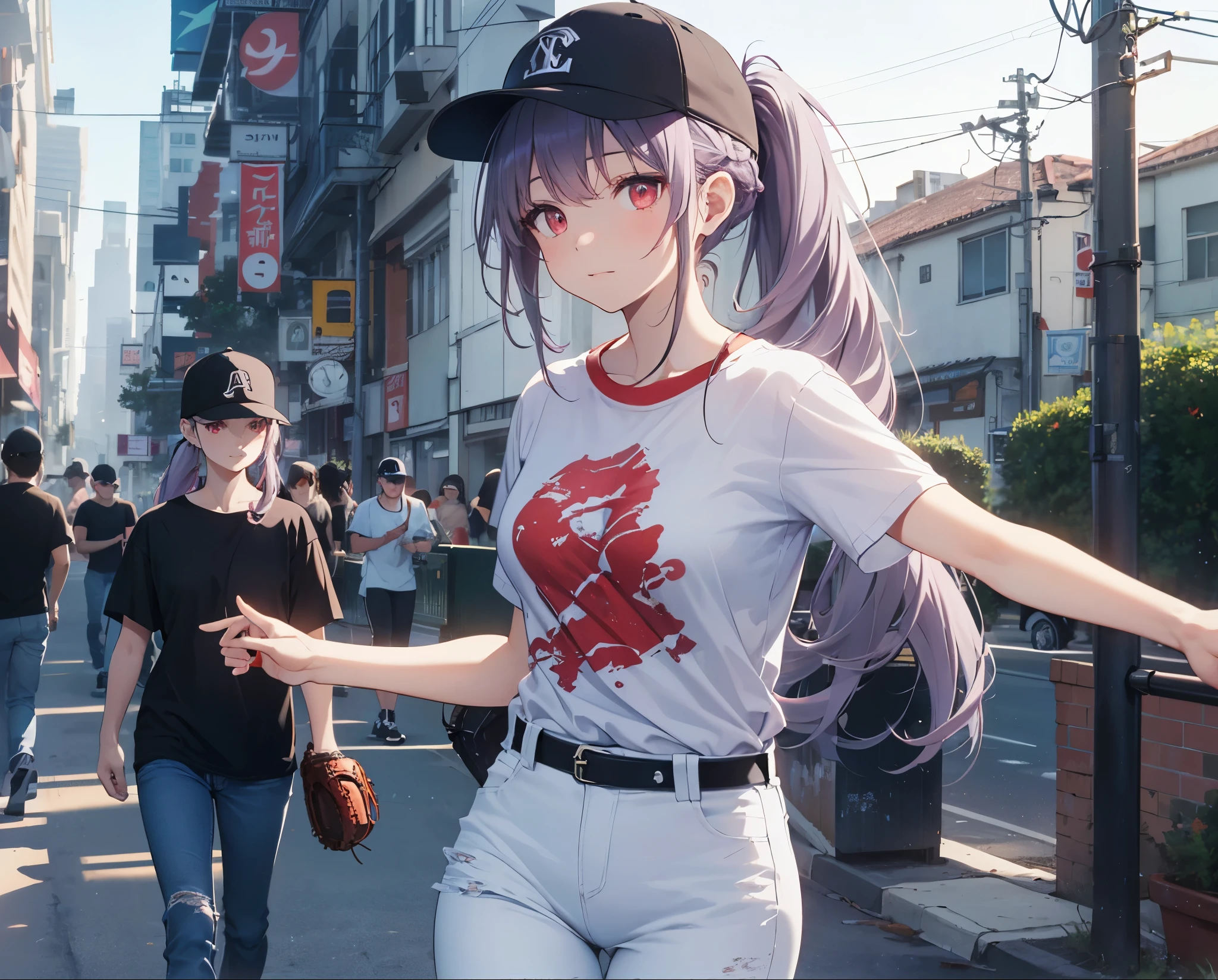 (Close-up:1.3),Realistic,Highest quality, Super detailed, High-quality CG rendering, The most delicate and beautiful, Floating softly, High resolution, (1 girl), (Highest quality,4K,8K,masterpiece:1.2), Light purple hair,(Very long ponytail:1.5),Red eyes,(Pure white oversized short sleeve T-shirt:1.3),(Black skinny jeans:1.3),(Pure white baseball cap:1.3),In the city,old buildings