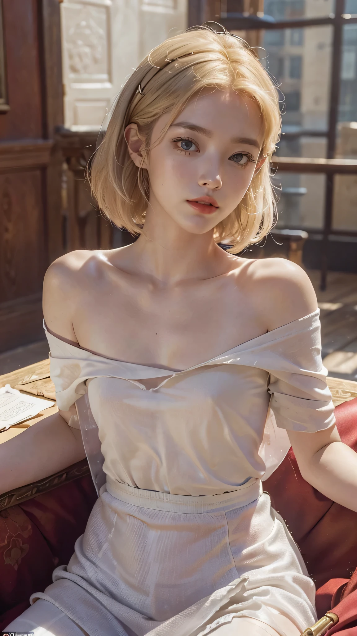 (Masterpiece: 1.2, Best Quality), Realistic, (Realistic Picture, Complex Details, Depth of Field), Best Quality, Masterpiece, Highly Detailed, Semi Realistic, 1 Girl, Mature Female, 21 Years Old, Blond Hair, Shoulder length Short Hair, Left Eye Covered with Hair, Blue Eyes, King's Clothes, Red Cloak, Slim Figure, Crown Made of Precious Gold, Reading Documents, Marking Documents, Goose Hair Pen, Office Table, Soft Bench, Palace, In the palace, during the Middle Ages