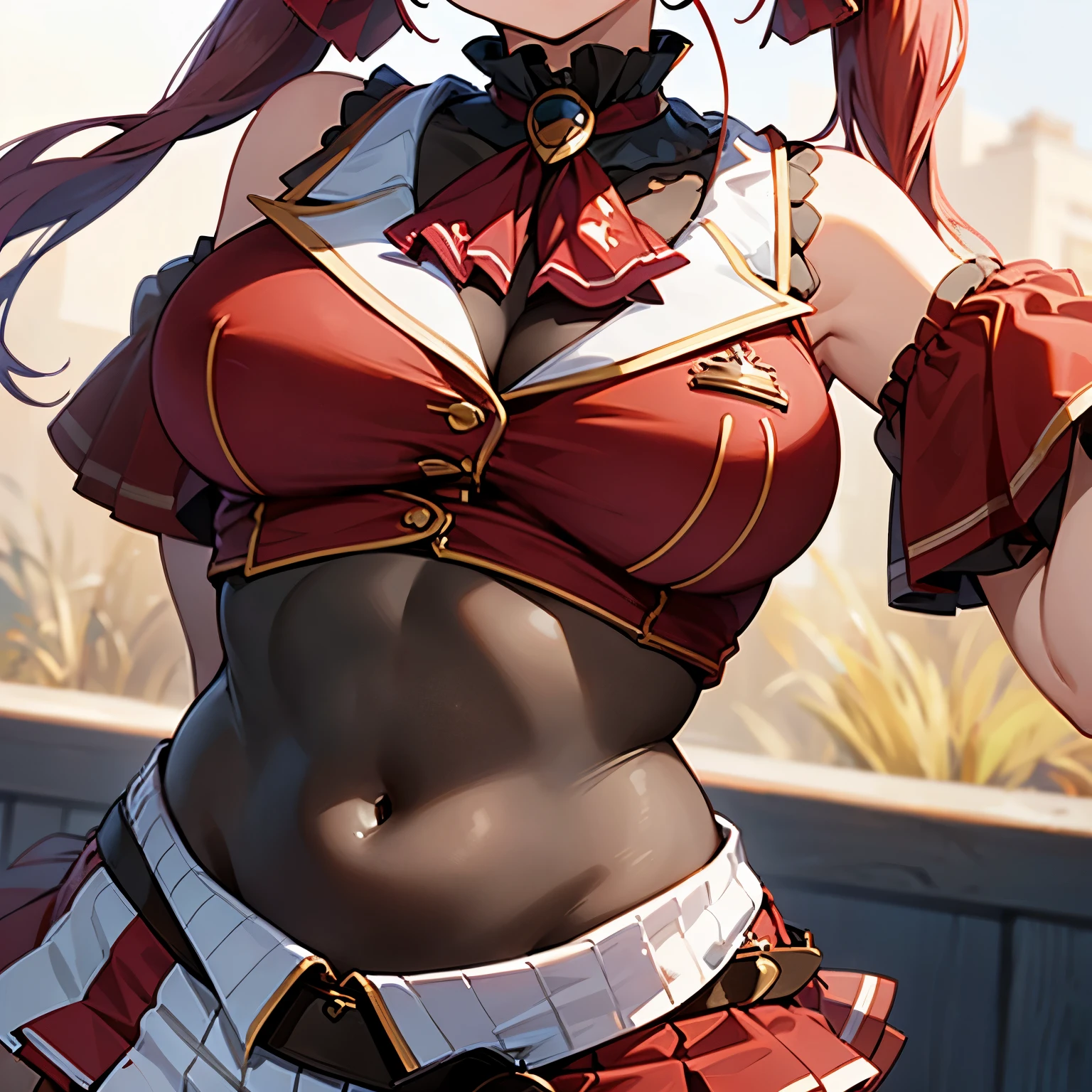 head out of frame, (covered navel:1.4), (navel close-up:1.4), navel focus, front view, ,bbmarine, twintails, heterochromia, red ascot, bare shoulders, red shirt, bare arms, sleeveless, see-through, (leotard under clothes:1.2), covered navel, belt, pleated skirt, red skirt, black thighhighs, 