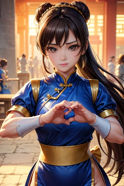 Chun-Li from Street Fight II,perfect chun li costume,blue cheongsam with gold lines,Bun head,Good cover,fighting pose,masterpiece、1 beautiful girl、fine eyes、puffy eyes、highest quality, 超High resolution, (reality: 1.4), movie lighting、Japanese、Asian Beauty、Korean、super beautiful、beautiful skin、body facing forward、close up of face、(Ultra-realistic)、(High resolution)、(8K)、(very detailed)、(Beautiful and fine eyes)、(Super detailed)、 (wall-)、detailed face、bright lighting、professional lighting、looking at the viewer、look straight ahead、slanted bangs、Nogizaka Idol、korean idol、masterpiece, highest quality, masterpiece, highest quality, perfect face, perfect brown eyes with white sclera, bad move-5, alone, 1 girl, Upper body, brown hair, From SF2, Chinese service, smile, muscular woman, blue clothes, pantyhose, pelvic curtain, Puffy short sleeves, Good cover, sash, evaluation:Safety: There are tears in the costume here and there.、Bleeding from a wound、His hands are tied up、I&#39;m about to lose consciousness。