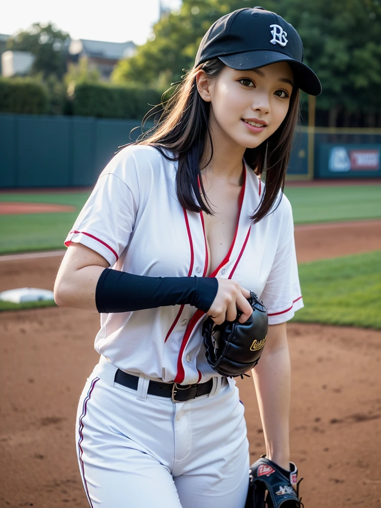 1girl, solo, facing viewer, looking at the camera, smile, brown hair, long hair, ((best quality, 8k, masterpiece: 1.3)), highly detailed face and skin texture, detailed eyes, detailed face, realistic, Highly Detailed, High-quality, best quality, glowing skin, big breasts, cleavage:1.2, baseball field, Baseball cap, Baseball Uniform, cowboy shot, full body, standing, 8k