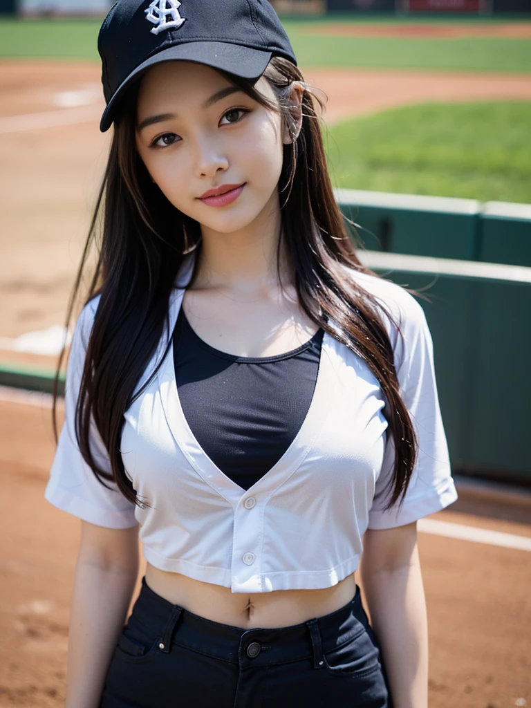 1girl, solo, facing viewer, looking at the camera, smile, brown hair, long hair, ((best quality, 8k, masterpiece: 1.3)), highly detailed face and skin texture, detailed eyes, detailed face, realistic, Highly Detailed, High-quality, best quality, glowing skin, big breasts, cleavage:1.2, baseball field, Baseball cap, Baseball Uniform, cowboy shot, full body, standing, 8k