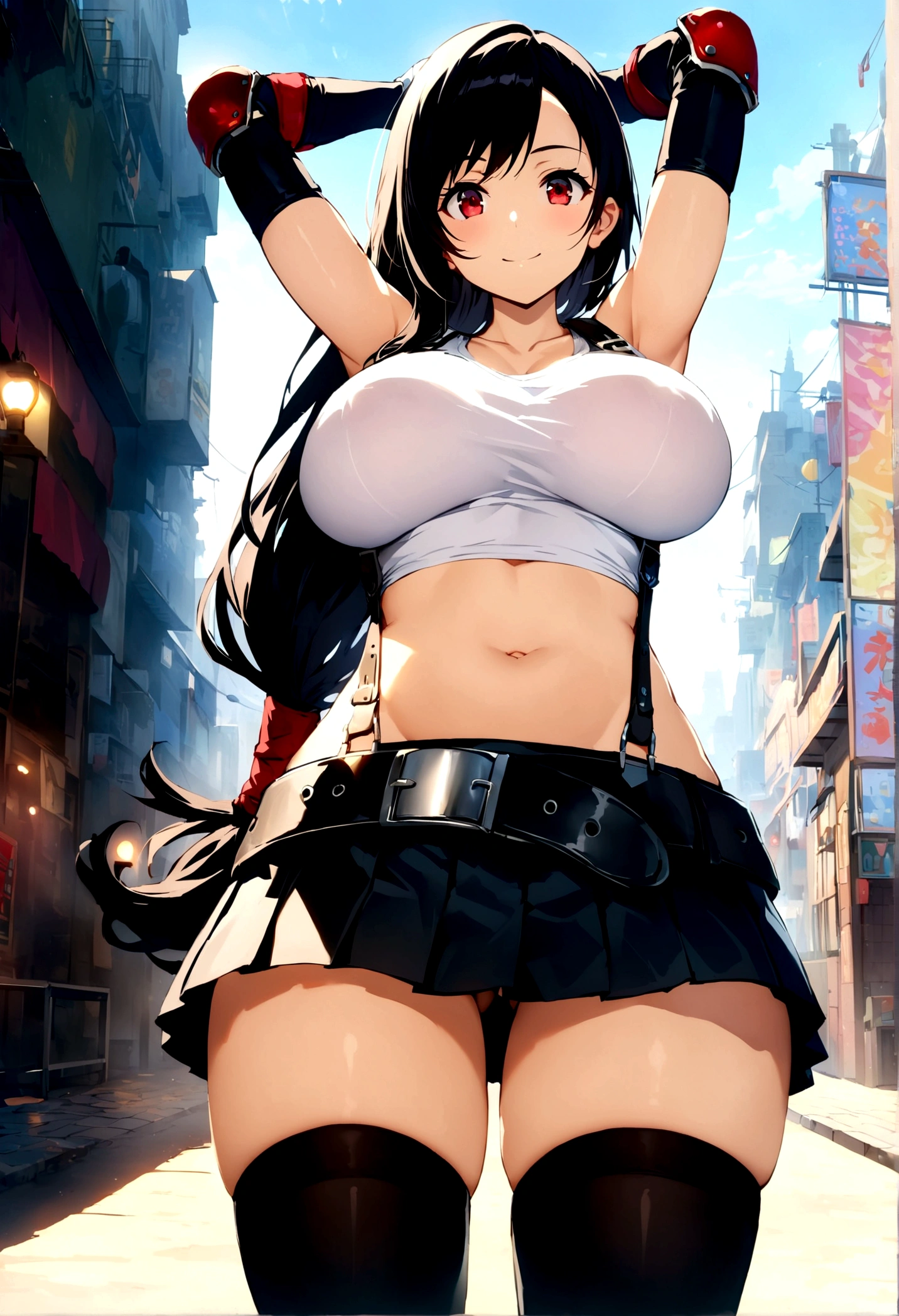 score_9, score_8_up, score_7_up,score_6, score_5,4k,BREAK , from front,from front,below view,,breast focus,standing,straight-on,arms up,arms behind head.arms in hair,(mediumshot),looking_at_viewer ,1girl, tifa lockhart, final fantasy, tareme,black hair, low-tied long hair, red eyes, bangs, (white tank top, belt, pleated skirt, thighhighs, elbow fingerless gloves, elbow pads, midriff, navel,suspender skirt) ,(large_breast),(light smile),Curvy waist,,Solo,,(daytime and beachside and city),detailed skin,(best quality),(aesthetic,very aesthetic),UHD,HDR,intricate detailed,anime,highly detailed,sharp focus,depth of field,,professional lighting,cinematic lighting, , 　　