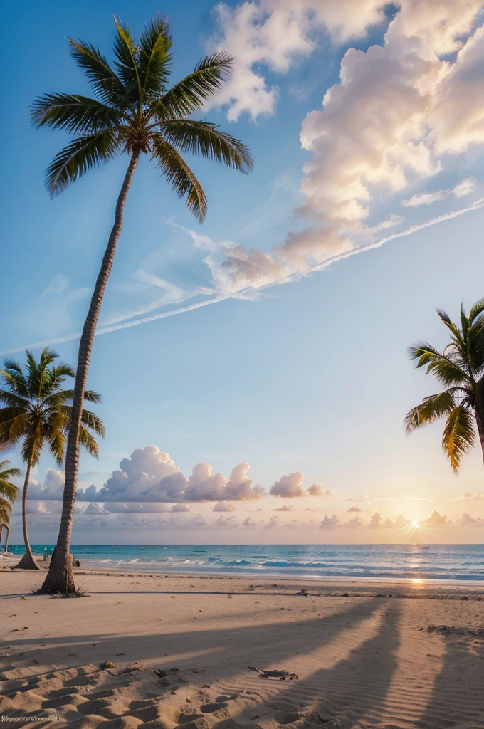 sunset at the beach, white sand, palm trees, Clear blue sea, sky with few clouds, красивый кинематографический 8K реалистичный 3d