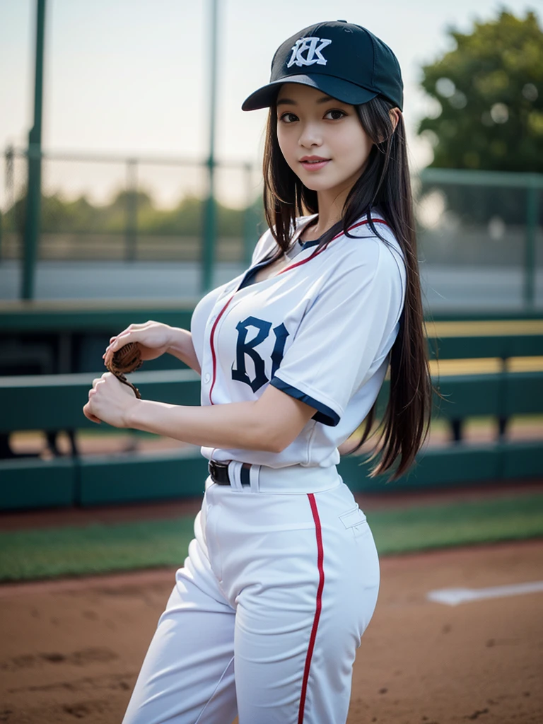 1girl, solo, facing viewer, looking at the camera, smile, brown hair, long hair, ((best quality, 8k, masterpiece: 1.3)), highly detailed face and skin texture, detailed eyes, detailed face, realistic, Highly Detailed, High-quality, best quality, glowing skin, big breasts, cleavage:1.2, baseball field, Baseball cap, Baseball Uniform, cowboy shot, full body, standing, 8k