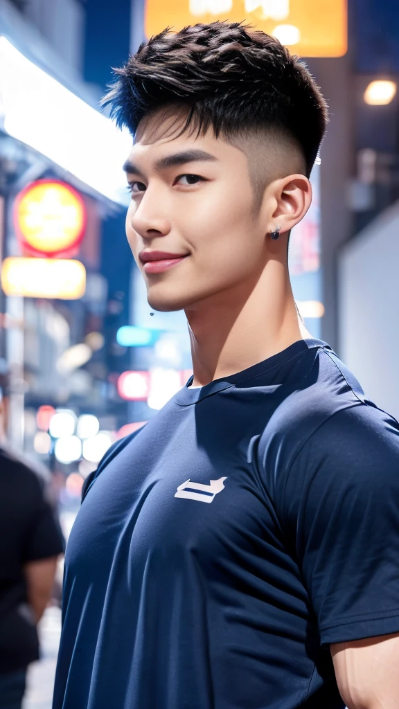 korea male male model, big muscles, handsome, cool, smoothly combed hair, pierced ears, wearing a t-shirt navy top, holding a lollipop, portraiture, modeling, dynamic pose, Japanese street, late at night, store lights trade, full half body shot, smile open mouth