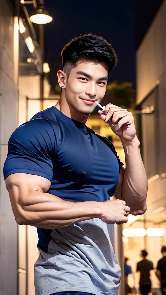 korea male male model, big muscles, handsome, cool, smoothly combed hair, pierced ears, wearing a t-shirt navy top, holding a lollipop, portraiture, modeling, dynamic pose, Japanese street, late at night, store lights trade, full half body shot, smile open mouth