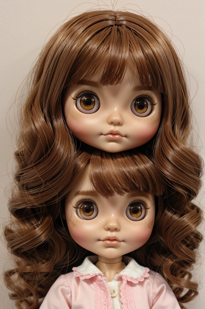 Blythe doll brown eyes white small eyes small mouth and pink ,brown hair with orange ,fat and short ,and wavy hair