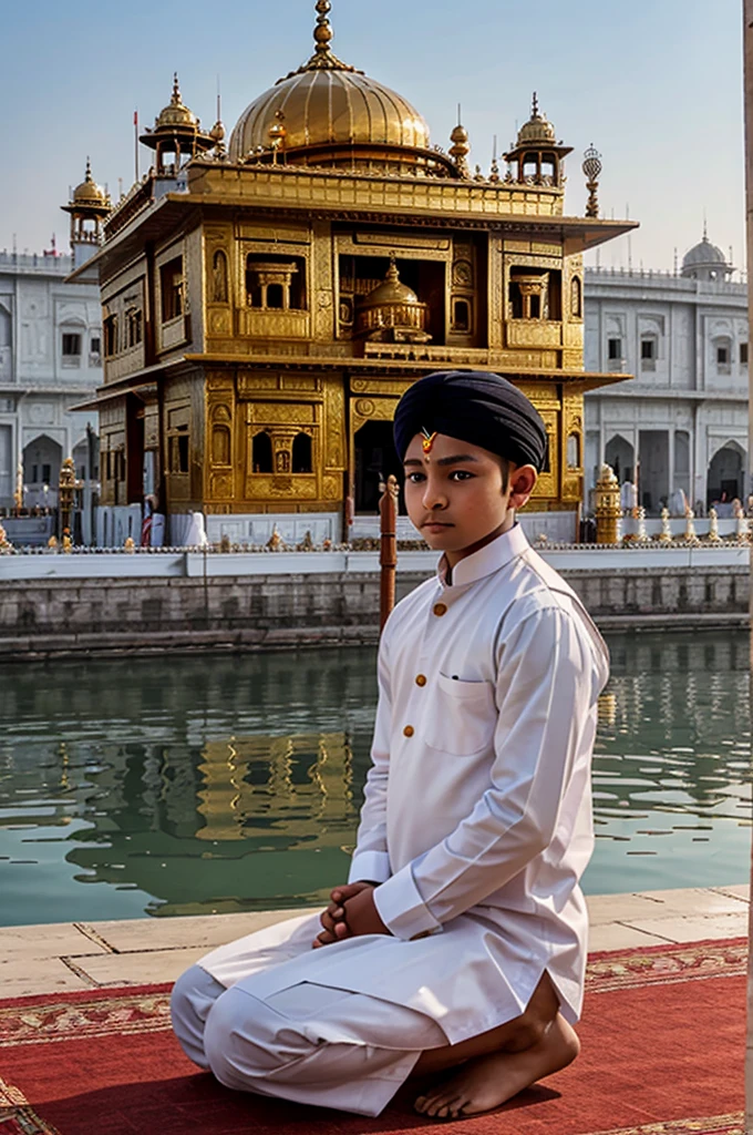 Make a image of a sardar boy doing prayer in front of golden temple make image vertical