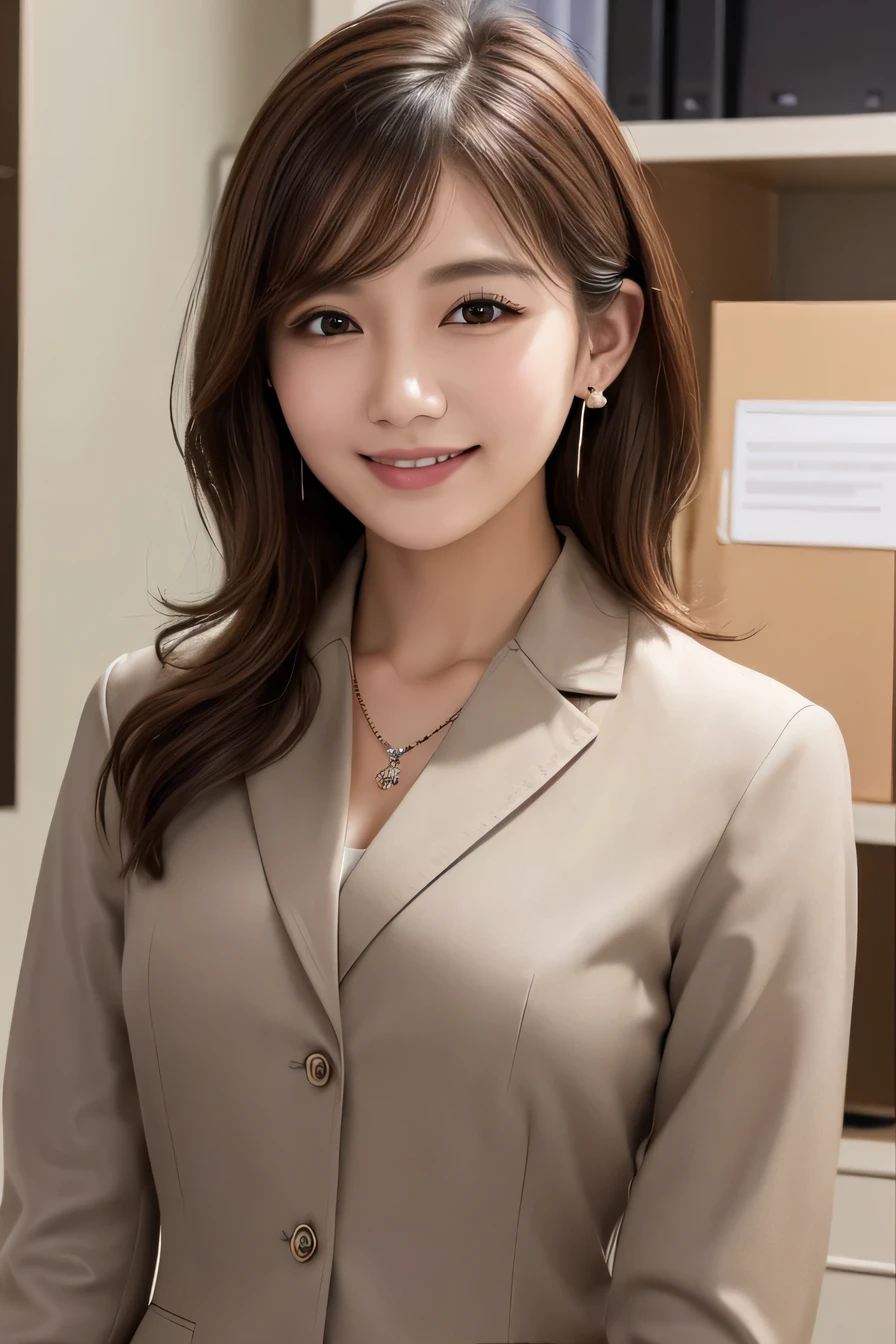 Intricate details, 、ear piercing、Looking into the camera、、smile、Beautiful teeth alignment、Brown Hair、Wavy Hair、Short Haircut、 Clear beauty, (High quality fabric, Office Lady Suits) 、Jacket、Unbuttoned shirt、Necklace around the neck、Dark eyeliner、 The background is the office