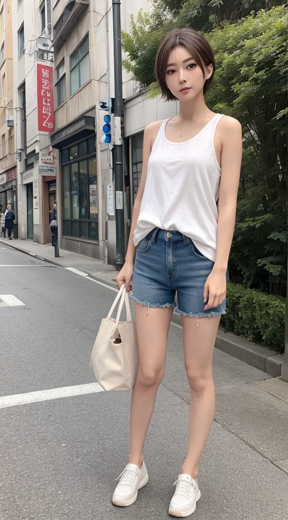 8K、high resolution、high quality、Realistic、whole body、Walking、tall、Heel、short hair、Brown Hair、Double、woman、Late 20s、Long face、Japanese、High nose、Straight nose、Medium breast、Ginza、noon、Skinny jeans、White sleeveless knit、優雅にwalk、一人のwoman、The background is a building、Small face、Details、round face、walk