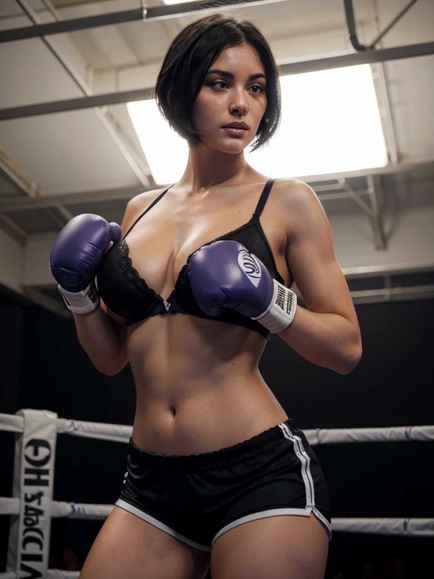 A detailed illustration of an AI model with short black hair and a physique like Violet Myers. She is actively engaged in social work,in boxing ring, wearing boxing gloves and sexy shorts and bra