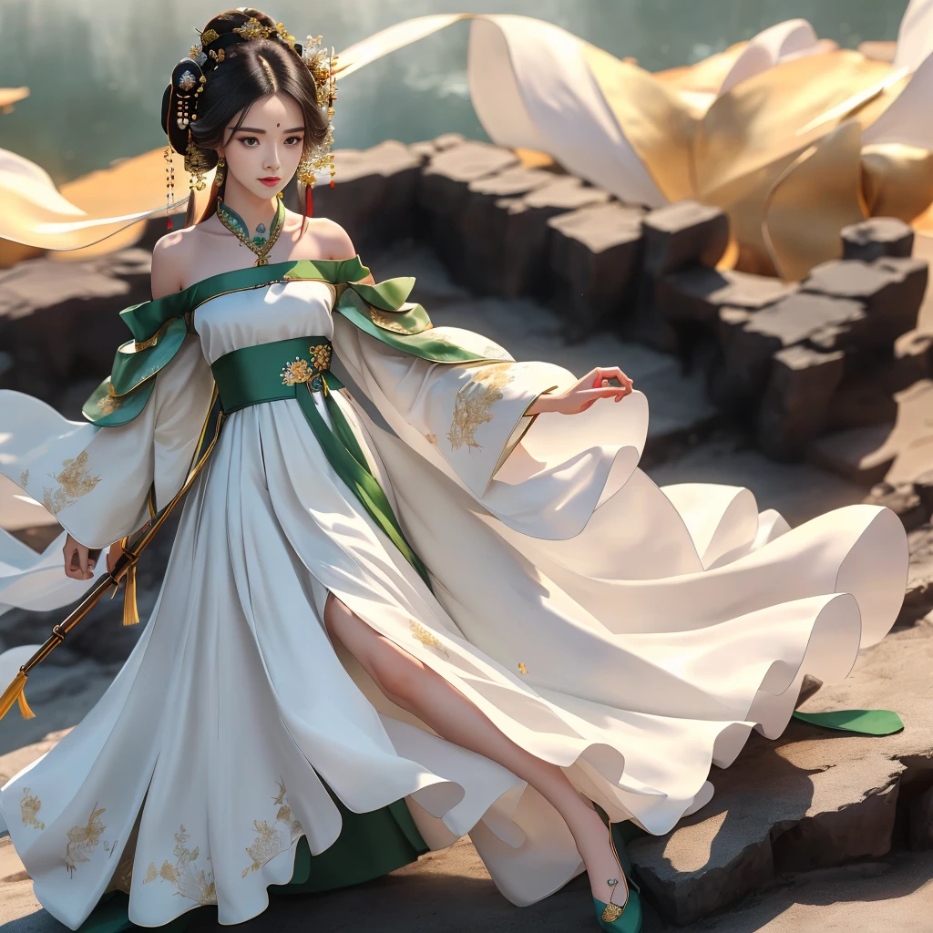Girl in traditional Chinese clothing, Hanfu, Guzhen Hanfu women, green Hanfu,(long straight black hair:1.5), black eyes, black bun hairstyle, hair accessories ,white diamond earrings, Bangle Diameter, Dia Necklace, Clear eyes, Facing forward,put on makeup, Long eyelashes ,(Jade green long shoulder coat:1.5), (Very long skirt, white:1.5), ((Whole body)), ((from below)), Clear face, , (Very beautiful face, Beautiful mouth, beautiful eyes), detailed face, ((Ultra-fine skin)), In the dark, deep shadows, an ancient Chinese girl (Very slim figure 1.3) ,Plump breasts, elegant posture ,(palace in the sky:1.5),