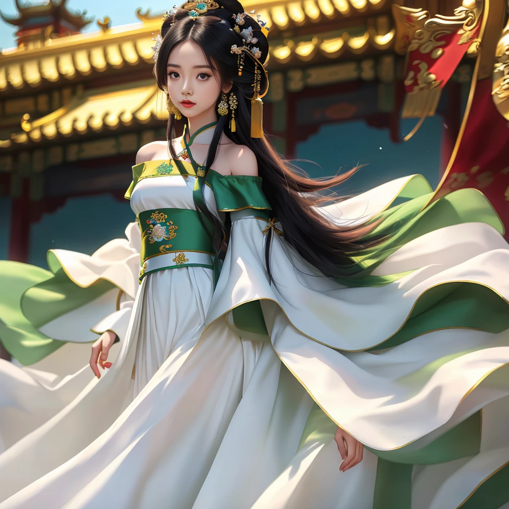 Girl in traditional Chinese clothing, Hanfu, Guzhen Hanfu women, green Hanfu,(long straight black hair:1.5), black eyes, black bun hairstyle, hair accessories ,white diamond earrings, Bangle Diameter, Dia Necklace, Clear eyes, Facing forward,put on makeup, Long eyelashes ,(Jade green long shoulder coat:1.5), (Very long skirt, white:1.5), ((Whole body)), ((from below)), Clear face, , (Very beautiful face, Beautiful mouth, beautiful eyes), detailed face, ((Ultra-fine skin)), In the dark, deep shadows, an ancient Chinese girl (Very slim figure 1.3) ,Plump breasts, elegant posture ,(palace in the sky:1.5),