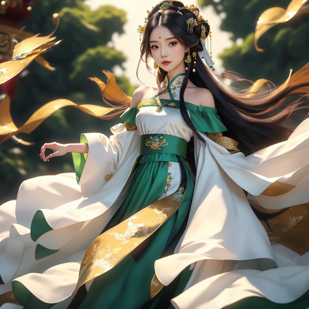 Girl in traditional Chinese clothing, Hanfu, Guzhen Hanfu women, green Hanfu,(long straight black hair:1.5), black eyes, black bun hairstyle, hair accessories ,white diamond earrings, Bangle Diameter, Dia Necklace, Clear eyes, Facing forward,put on makeup, Long eyelashes ,(Jade green long shoulder coat:1.5), (Very long skirt, white:1.5), ((Whole body)), ((from below)), Clear face, , (Very beautiful face, Beautiful mouth, beautiful eyes), detailed face, ((Ultra-fine skin)), In the dark, deep shadows, an ancient Chinese girl (Very slim figure 1.3) ,Plump breasts, elegant posture ,(palace in the sky:1.5),