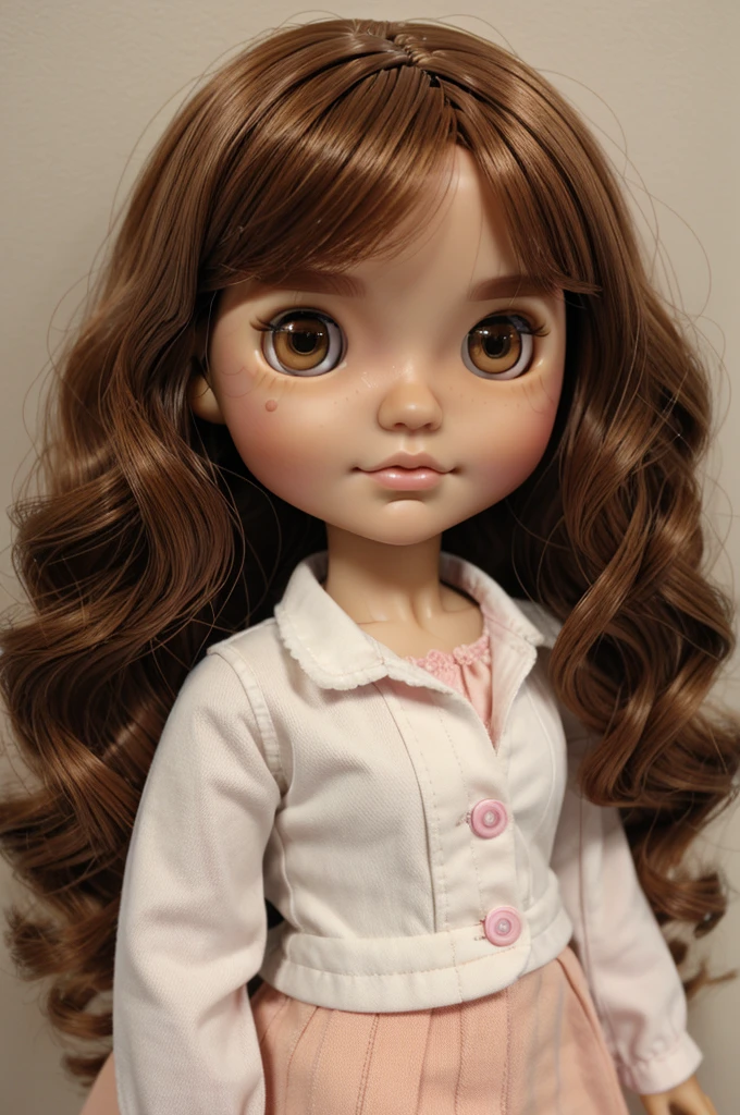 Blythe doll brown eyes white small eyes small mouth and pink ,brown hair with orange ,fat and short ,and wavy hair 