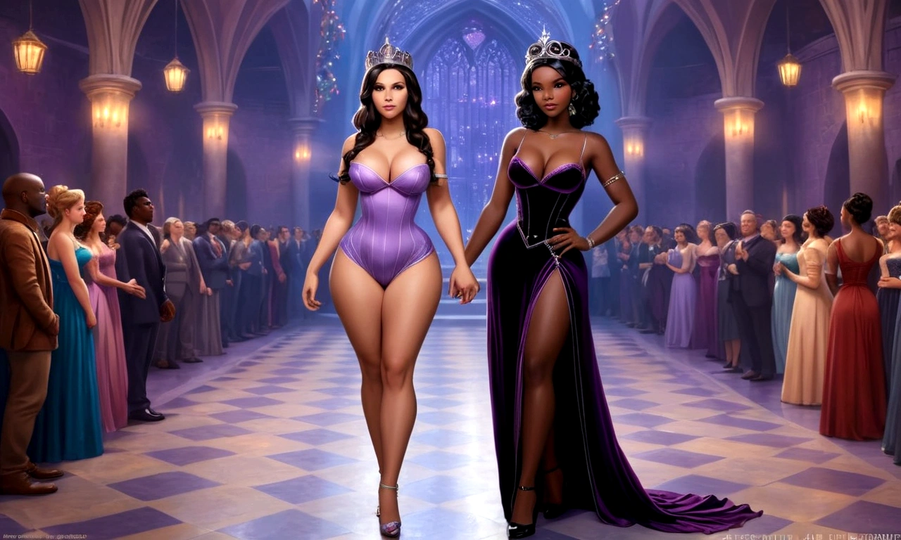 She is wearing a Cinderella crown on her head at the Yule Ball, fully body, full scene (Black-skinned woman Beautiful brunette with a perfect body, beautiful, big, perfect breasts, wide, thin thighs, perfect, everything perfect,) ((Art Style Full Length View, full-featured))characteristics (Purple and black straight hair style, wavy, prisoner, Loose) ( clothing style wearing black and purple dress) ( Full body tattoo style) .8K uhd, high qualiy, volumetric light, photoshot, high resolution, 4K, 8K   
