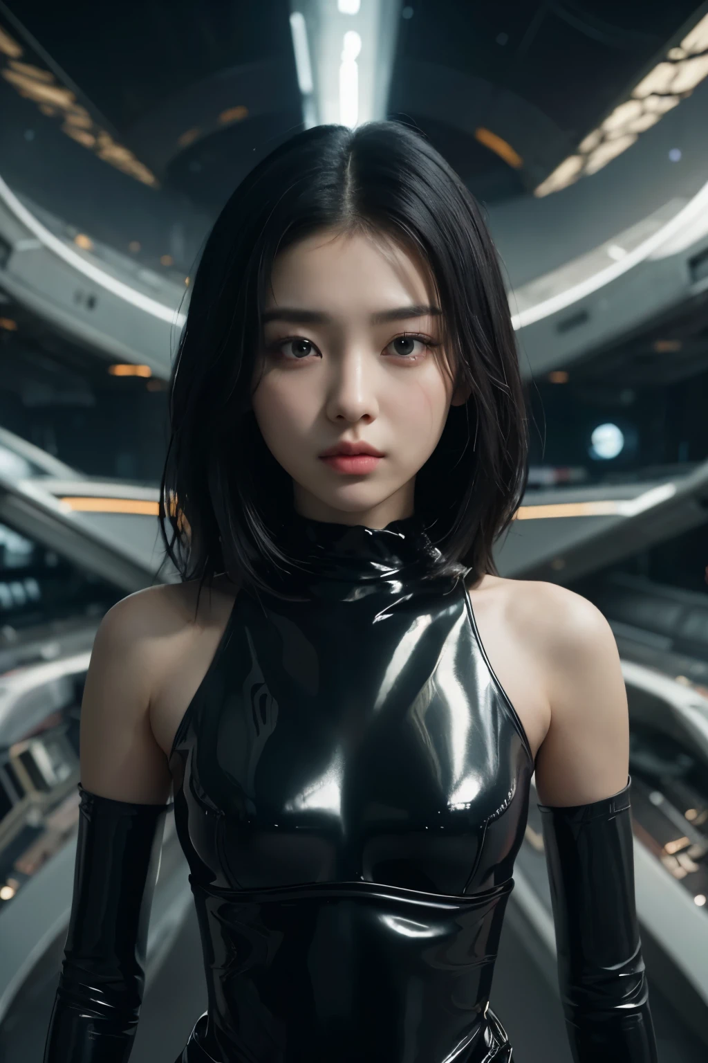 A beautiful woman. Black hair. 22 years old. Beautiful double eyes. The bridge of my nose. Well-shaped lips. She is looking at the camera with a serious expression. She is wearing futuristic black metallic clothing. Images of countless worlds in the space behind her. An image of a parallel world.