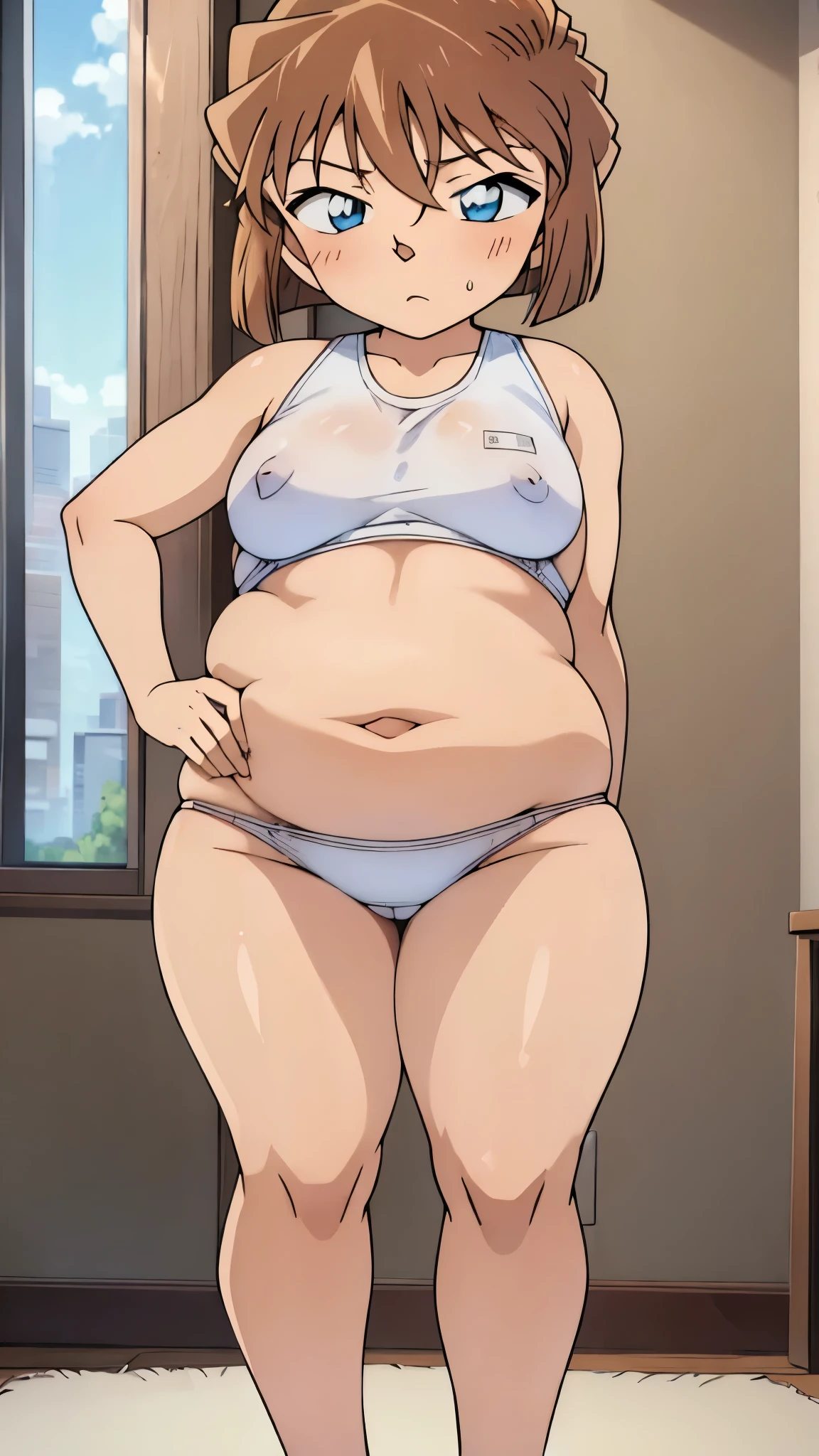 A girl wearing a white sports bra((Sexy pose)),Light brown hair,blue eyes,short hair,Blushed,Curvy Girls,plump,legs slightly spread,Small breasts,Has a sexy look