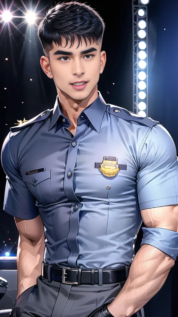handsome man  sit on the table ,(crew cut short hair:1.2),black eye,smile,open mouth
(navy police uniform:1.2),(shirt short sleeves:1.2),collar,(shirt covered over:1.2),(name tag and Police badge:1.2),(shirt no buttons:1.1),(black_gloves:1.3),
(Navy blue cargo:1.2),Korean guy,korean men,(High gloss details),( muscles:1.2),(large arm muscles:1.2),blood vessel,Big muscles,Broad shoulders,looking at the audience,Balancing the eyes,middle of the road,(stage:1.4),