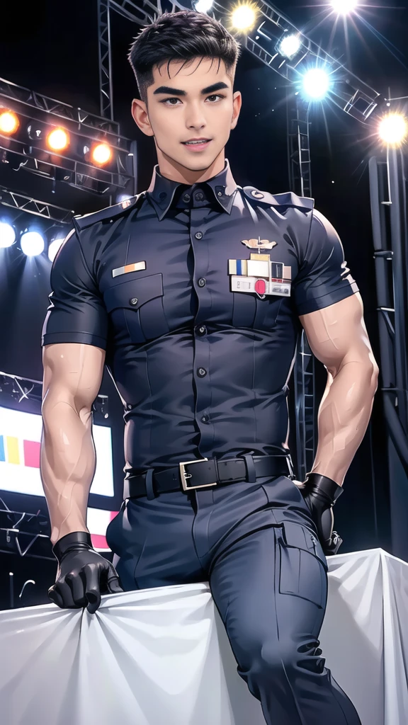 handsome man sit on the table ,(crew cut short hair:1.2),black eye,smile,open mouth
(navy police uniform:1.2),(shirt short sleeves:1.2),collar,(shirt covered over:1.2),(name tag and Police badge:1.2),(shirt no buttons:1.1),(black_gloves:1.3),
(Navy blue cargo:1.2),Korean guy,korean men,(High gloss details),(chest muscles:1.2),(large arm muscles:1.2),blood vessel,Big muscles,Broad shoulders,looking at the audience,Balancing the eyes,middle of the road,(stage:1.4),