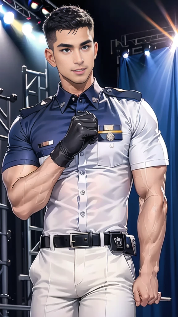 handsome man sit on the table ,(crew cut short hair:1.2),black eye,smile,open mouth
(navy police uniform:1.2),(shirt short sleeves:1.2),collar,(shirt covered over:1.2),(name tag and Police badge:1.2),(shirt no buttons:1.1),(black_gloves:1.3),
(Navy blue cargo:1.2),Korean guy,korean men,(High gloss details),(chest muscles:1.2),(large arm muscles:1.2),blood vessel,Big muscles,Broad shoulders,looking at the audience,Balancing the eyes,middle of the road,(stage:1.4),