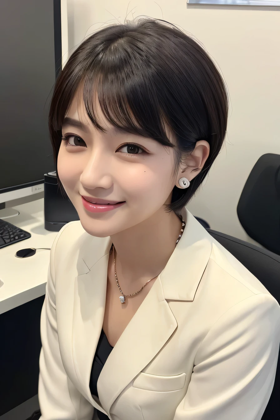 Intricate details, 、ear piercing、Looking into the camera、、smile、Beautiful teeth alignment、、Short Haircut、 Clear beauty, (High quality fabric, Office Lady Suits) 、Jacket、Unbuttoned shirt、Necklace around the neck、Dark eyeliner、 The background is the office