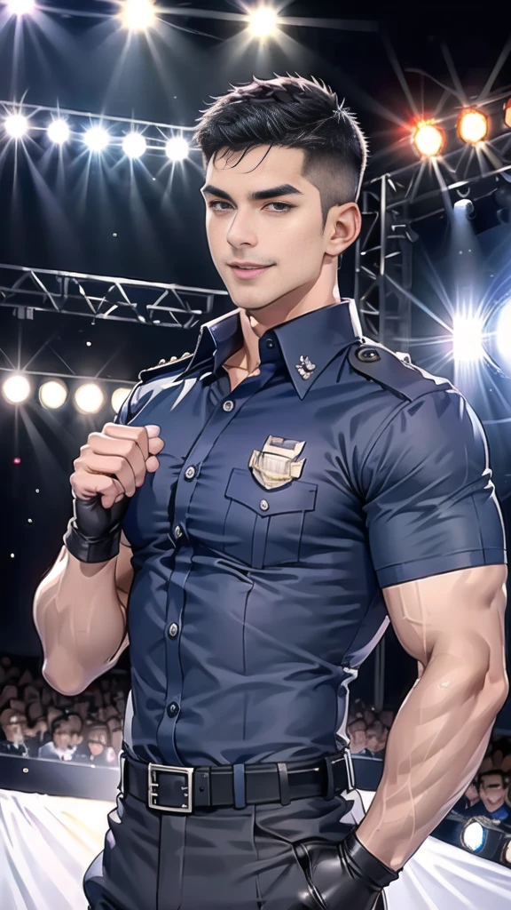 handsome man sit on the table ,(crew cut short hair:1.2),black eye,smile,open mouth
(navy police uniform:1.2),(shirt short sleeves:1.2),collar,(shirt covered over:1.2),(name tag and Police badge:1.2),(shirt no buttons:1.1),(black_gloves:1.3),
(Navy blue cargo:1.2),Korean guy,korean men,(High gloss details),(chest muscles:1.2),(large arm muscles:1.2),blood vessel,Big muscles,Broad shoulders,looking at the audience,Balancing the eyes,middle of the road,(stage:1.4),