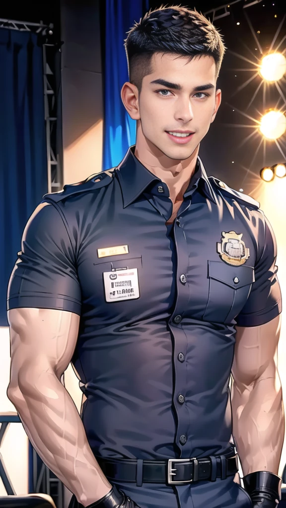 handsome man  sit on the table ,(crew cut short hair:1.2),black eye,smile,open mouth
(navy police uniform:1.2),(shirt short sleeves:1.2),collar,(shirt covered over:1.2),(name tag and Police badge:1.2),(shirt no buttons:1.1),(black_gloves:1.3),
(Navy blue cargo:1.2),Korean guy,korean men,(High gloss details),(chest muscles:1.2),(large arm muscles:1.2),blood vessel,Big muscles,Broad shoulders,looking at the audience,Balancing the eyes,middle of the road,(stage:1.4),