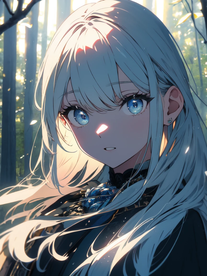 最high quality、masterpiece、high quality、Shining Eyes、Portraiture, high quality, Ukrainian  fairy winter snow in the forest through the trees About 10 years old, blue eyes, Smooth Skin, ((最high quality, 8K, masterpiece :1.3)), 1 Girl, pretty girl , Casual clothing :1.2, in the forest, Highly detailed face, Beautiful Eyes, double eyelid