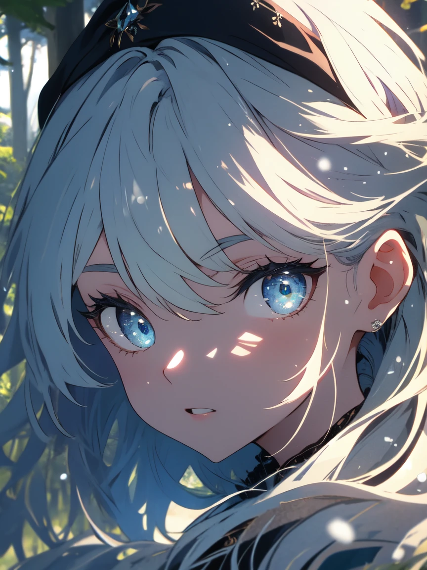 最high quality、masterpiece、high quality、Shining Eyes、Portraiture, high quality, Ukrainian  fairy winter snow in the forest through the trees About 10 years old, blue eyes, Smooth Skin, ((最high quality, 8K, masterpiece :1.3)), 1 Girl, pretty girl , Casual clothing :1.2, in the forest, Highly detailed face, Beautiful Eyes, double eyelid