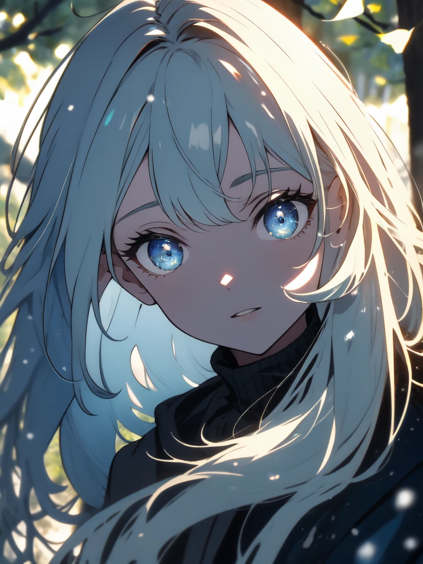 最high quality、masterpiece、high quality、Shining Eyes、Portraiture, high quality, Ukrainian fairy winter snow in the forest through the trees About 10 years old, blue eyes, Smooth Skin, ((最high quality, 8K, masterpiece :1.3)), 1 Girl, pretty girl , Casual clothing :1.2, in the forest, Highly detailed face, Beautiful Eyes, double eyelid